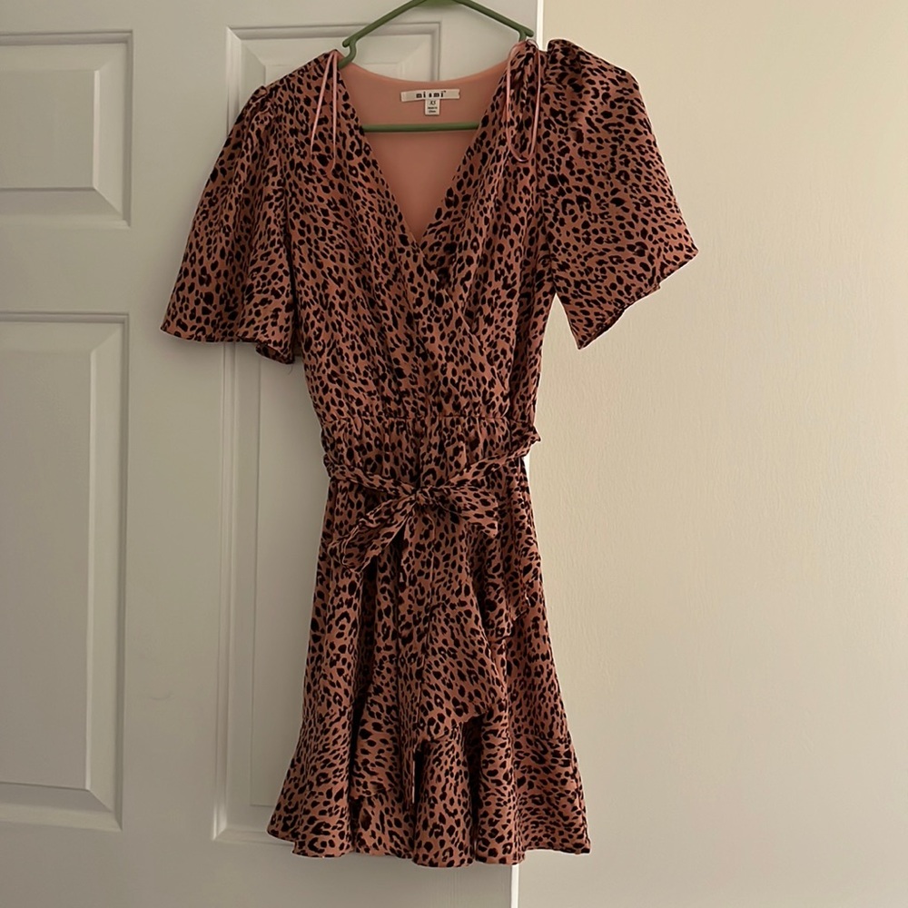 Pink and brown cheetah print wrap dress